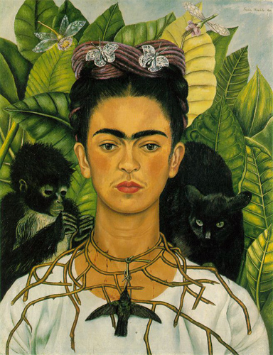Frida Kahlo, Self-Portrait with Thorn Necklace and Hummingbird, 1940. Harry Ransom Center, The University of Texas at Austin. © 2014 Banco de México Diego Rivera Frida Kahlo Museums Trust, Mexico, D.F. / Artists Rights Society (ARS), New York. Photo: Fair use. Frida Kahlo, Self-Portrait with Thorn Necklace and Hummingbird, 1940. Harry Ransom Center, The University of Texas at Austin. © 2014 Banco de México Diego Rivera Frida Kahlo Museums Trust, Mexico, D.F. / Artists Rights Society (ARS), New York. Photo: Fair use.
