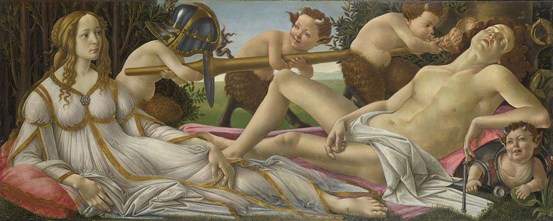 Sandro Botticelli, Venus and Mars, c. 1485, tempera on panel, 27.17" × 68.11". National Gallery, UK, Public Domain. https://commons.wikimedia.org/