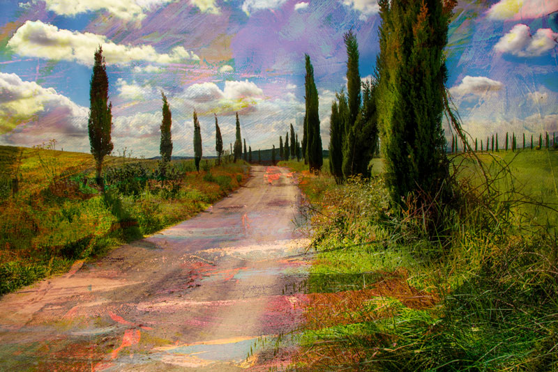 Fran Eber, The Road Less Traveled, mixed media photograph and paint, 30" x 40" on canvas.
