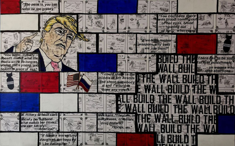 Karen Gutfreund, Build the Wall, mixed media on canvas, 36" x 40".