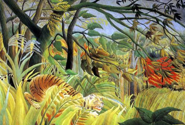 Henri Rousseau, Tiger In A Tropical Storm Surprised, oil on canvas, 28″ x 35″, created in 1891. National Gallery, London, England. Public domain. wikipedia.org