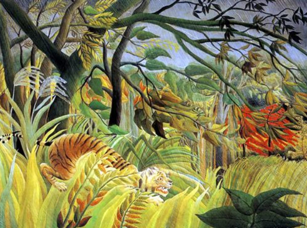 Henri Rousseau, Tiger In A Tropical Storm Surprised,  oil on canvas, 28" x 35", created in 1891. National Gallery, London, England. Public domain. wikipedia.org