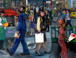 Nancy Calef, Downtown, oil, sculpture, fabric, found objects on canvas, 36" x 48".