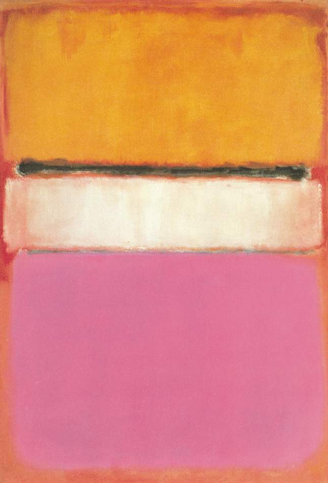 Mark Rothko, White Center (Yellow, Pink and Lavender on Rose), oil, 205.8 × 141 cm This painting is part of Rothko's signature multiform style: several blocks of layered, complementary colors on a large canvas. Photo: Fair Use.