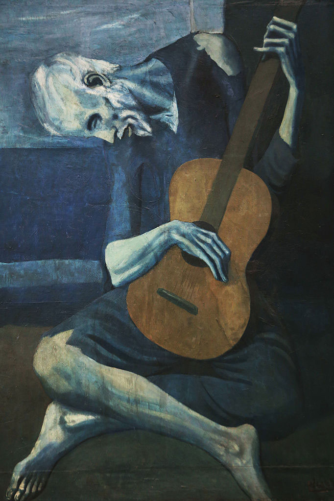 Pablo Picasso, The Old Guitarist, oil on panel, 48 3/8" x 32 1/2". Created Late 1903–early 1904. Photo: Public domain in the U.S.