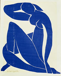 Henri Matisse, Blue Nude II, Gouache-painted paper cut-outs stuck to paper mounted on canvas, 45.7" × 35". Created in 1952. Fair use.