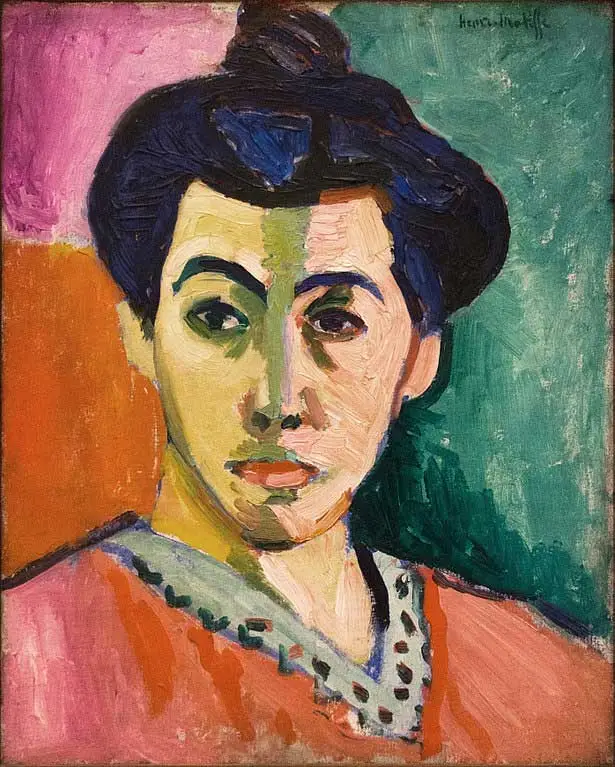 Henri Matisse, Portrait of Madame Matisse. (The Green Line), oil and tempera on canvas, 15.9" × 12.8". Created in 1905 in France. Statens Museum for Kunst. Photo: Public Domain in the U.S.