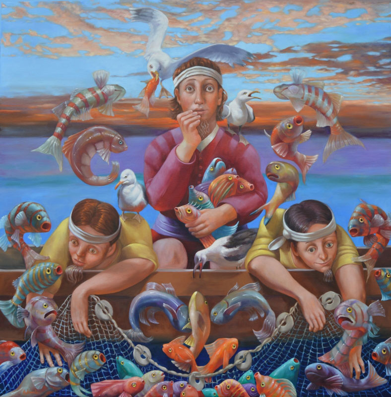 Rosemarie Adcock, The Miraculous Draught of Fishes, oil on canvas, 48" x 48".