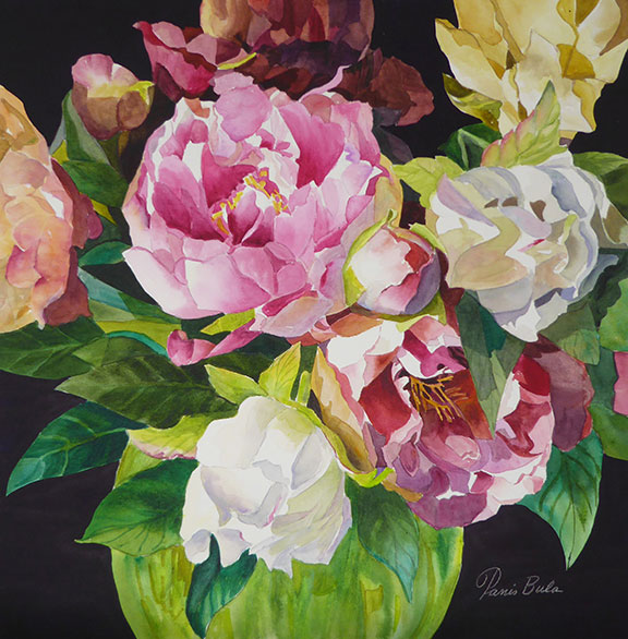 Tanis-Bula, Mixed Peonies, watercolor, 19"x19"