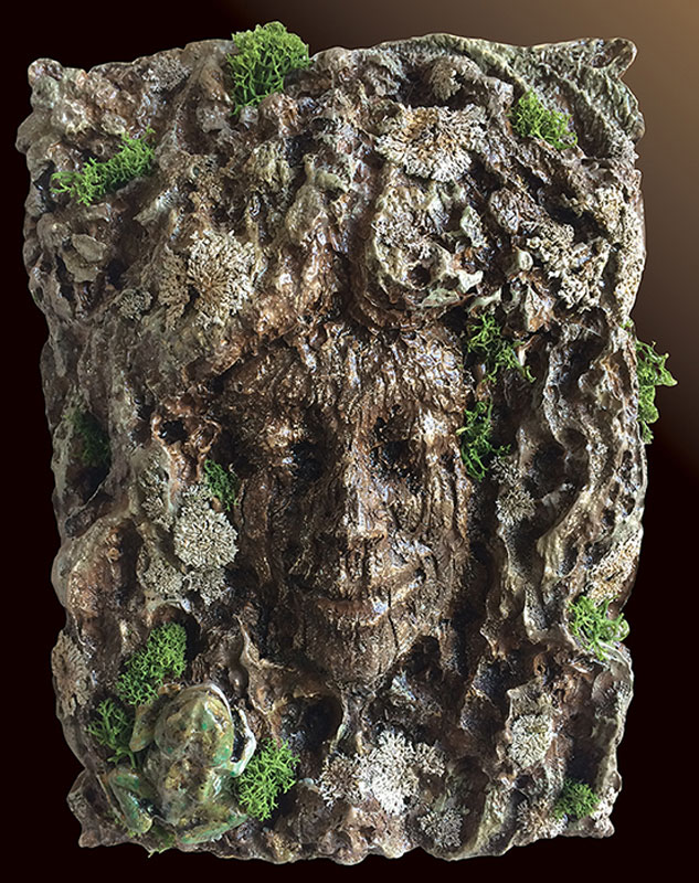 Bren Sibilsky, The Tree Quest, Resin, Epoxy Patina, Paint, Moss (sold), 7" x 10" x 3". 