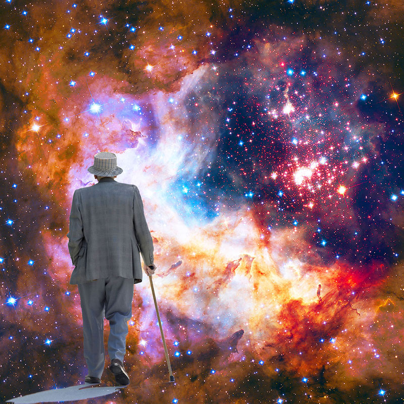 man looking at a galaxy, digital art by Roslyn Rose