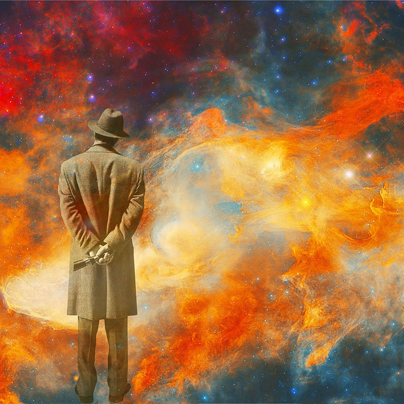photographic montage of man looking towards the cosmos by Roslyn Rose