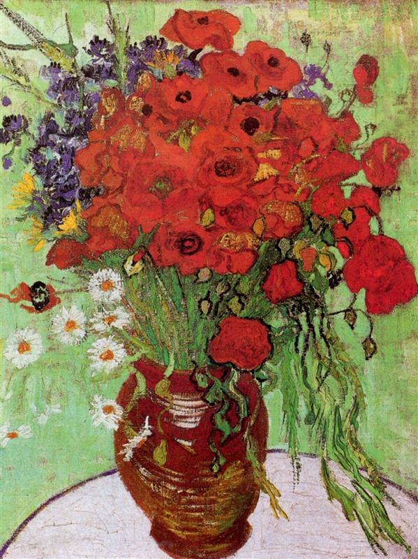 Vase With Red Poppies and Daisies by Vincent van Gogh, created in 1890; Auvers-sur-oise, France. Post-Impressionism flower painting, oil on canvas, 20" x 26". Location: Albright-Knox Art Gallery, Buffalo, NY, US. Photo: Public Domain 
