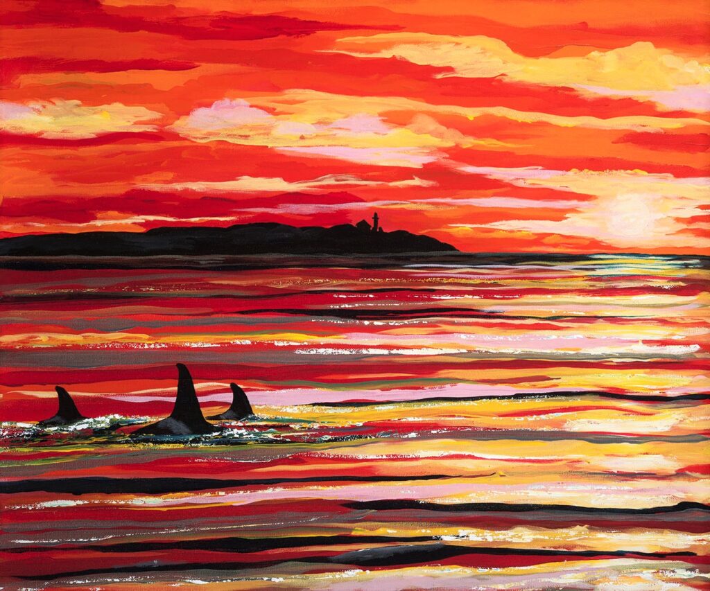 Trio Orca Passing Trial Island Lighthouse Red Morning Acrylic 18x24