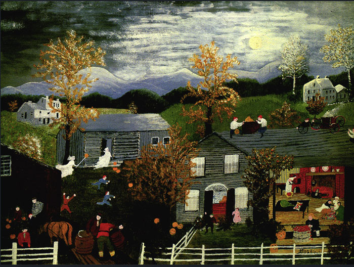 Halloween, painting by Grandma Moses (1860 – 1961), created in 1955. Fair use.  wikiart.org.  Grandma Moses, an American folk artist, began painting seriously the age of 78. She serves as a superior example of an artist with a successful art career at maturity.