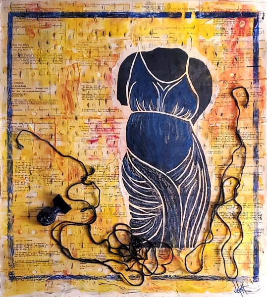 Adulation and Ruin IV, Library Diva Unraveling, woodcut/encaustic collage, 32x26"