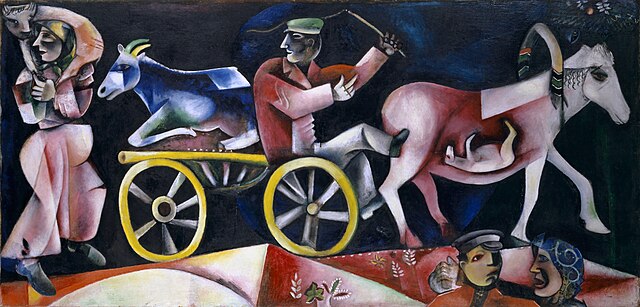 Marc Chagall, 1912, Le Marchand de bestiaux (The Drover, The Cattle Dealer), oil on canvas, 97.1 x 202.5 cm. Public domain in the U.S. wikipedia.org