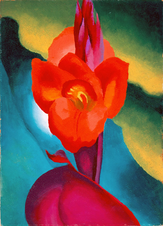 Georgia O'Keeffe, Red Canna, oil, created in 1919, Current location: High Museum of Art, Atlanta. Public domain in the U.S..