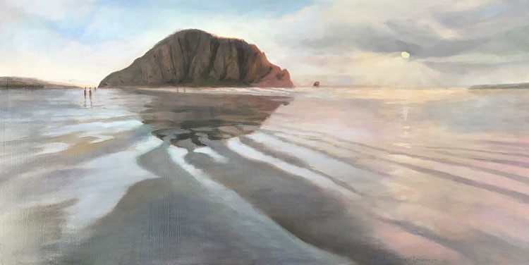 Kathleen Frevert Levenson Morro Bay Rock Beach, The Sun Shines Through, oil painting, 2 feet by 4