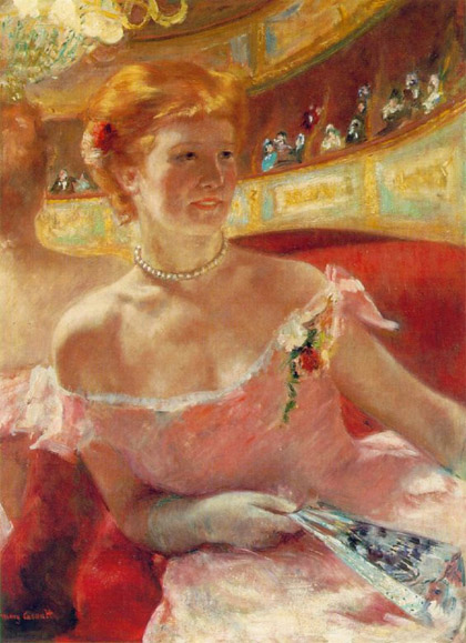 Mary Cassatt, Woman with a Pearl Necklace in a Loge, 1879, oil on canvas, 32 x 23 1/2 inches, collection of The Philadelphia Museum of Art (PMoA). Photo: Public domain.
