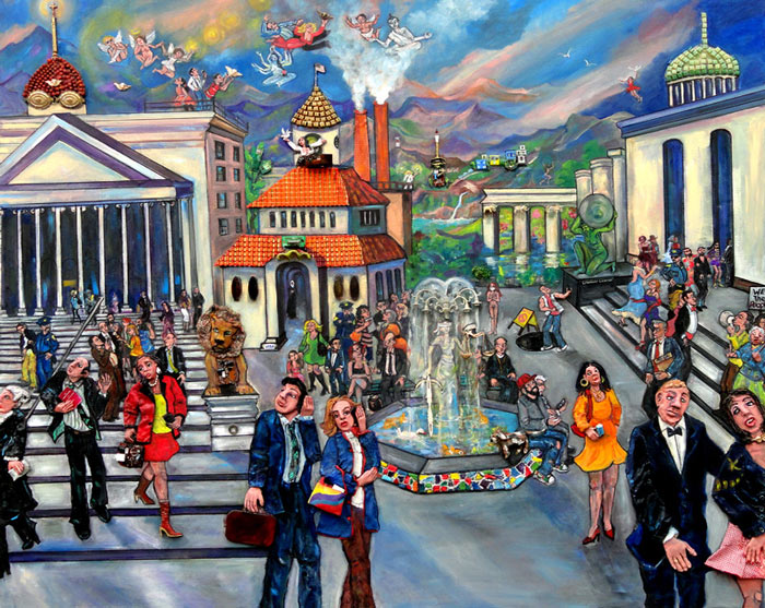 "Spirit of Democracy" oil, sculpture, fabric, computer parts, found objects on canvas, 48" x 60" by Nancy Calef