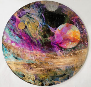 Mystic Horizons, acrylic, inks, marbled papers, silver fabric, cast acrylic, resin and wood, 16" diameter by Sandra Duran Wilson