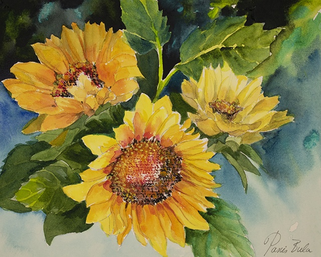 Three Sunflowers, Watercolor and oil pastel, 8"x10".
