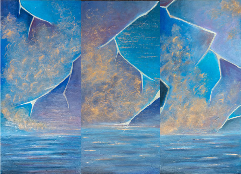 Kintsugi Skies Triptych, oil on canvas, 20 x 30 by Rajul Shah