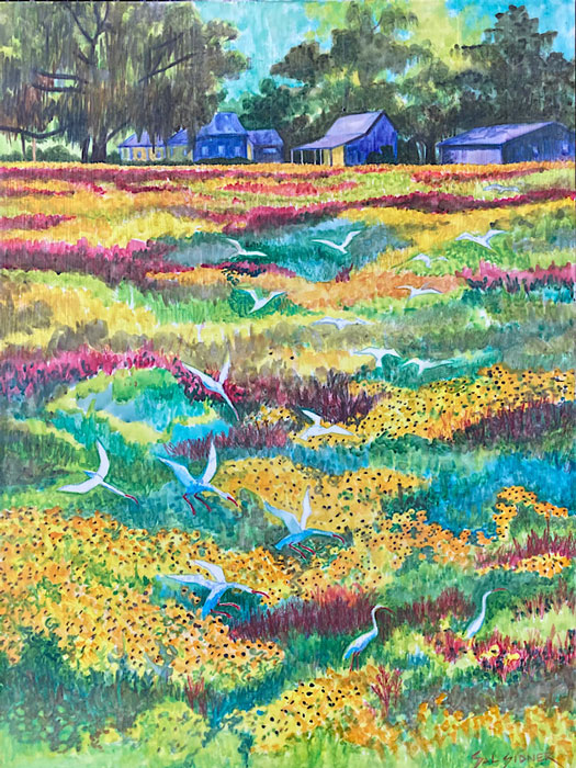 Flower Field with Birds encaustic and watercolor 18x24