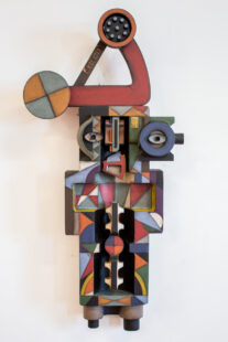 Connect, painted wood, foundry molds and found materials, 36″ x 17.5″ x 5.5″