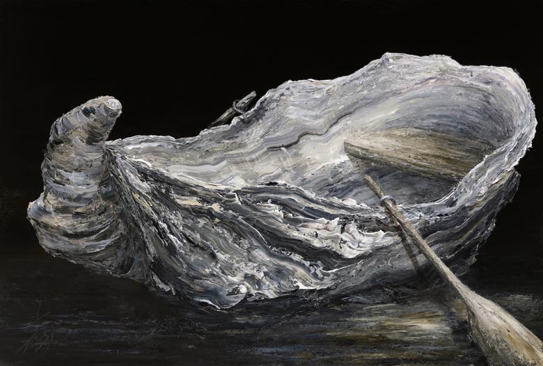 River Oyster, acrylic on wood, 40" x 60" by Nathalie Foisy