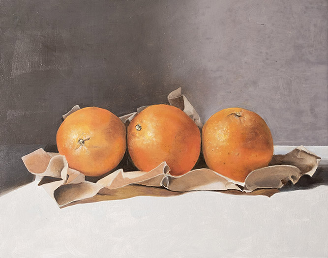Oranges with paper, Oil Painting on Wood Panel, 14" x 11" by Debora Levy