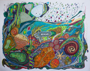 “A World of Wonder”, ink, metallics, 19″ x 24″.