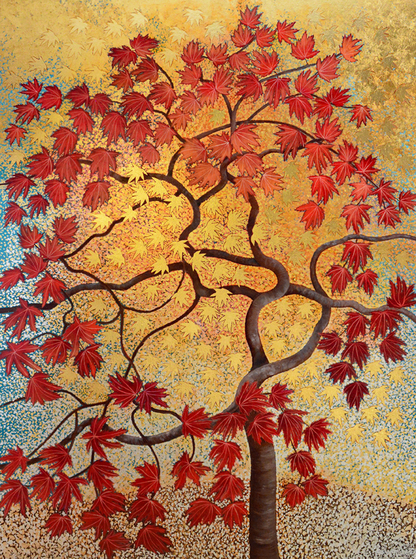 Autumn Radiance, oil and metal leaf on canvas, 48" x 36" by Joan Metcalf