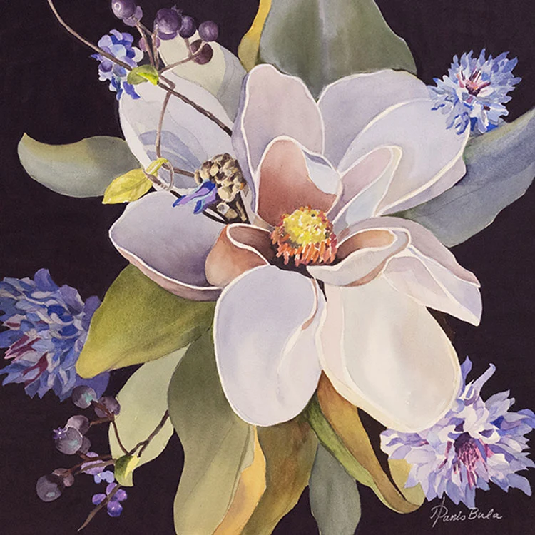 Magnolia with Purple Flowers, watercolor, 18x18