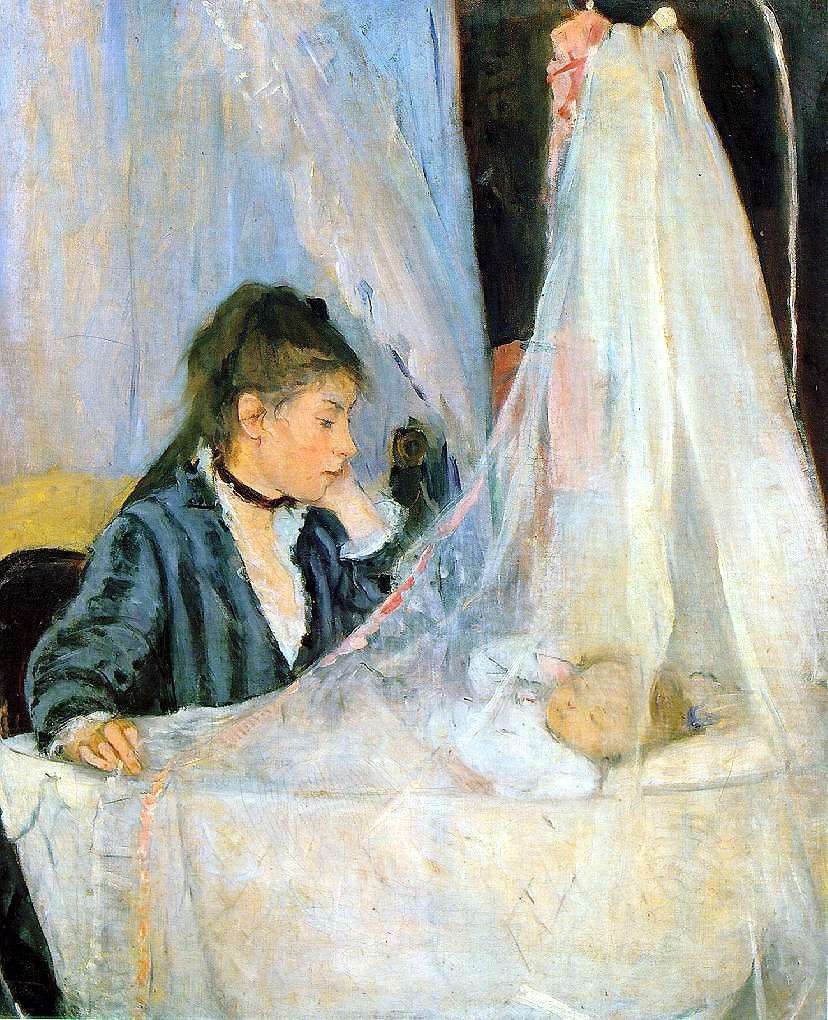 Painting by Berthe Morisot. The Cradle, In French: "Mme Pontillon et sa fille Blanche", oil on canvas, 46" x 56". Photo: Public Domain.