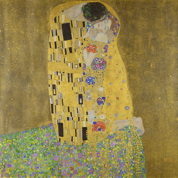 The Kiss, oil on canvas, 70.8" × 70.8" by Gustav Klimt. Photo: Google Art Project, Public Domain.