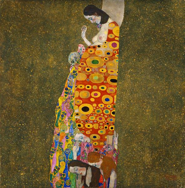 Gustav Klimt, Hope II, oil, gold, and platinum on canvas on canvas, 43.5" x 43.5". Created 1907 - 1908. Photo: Public domain in the U.S.