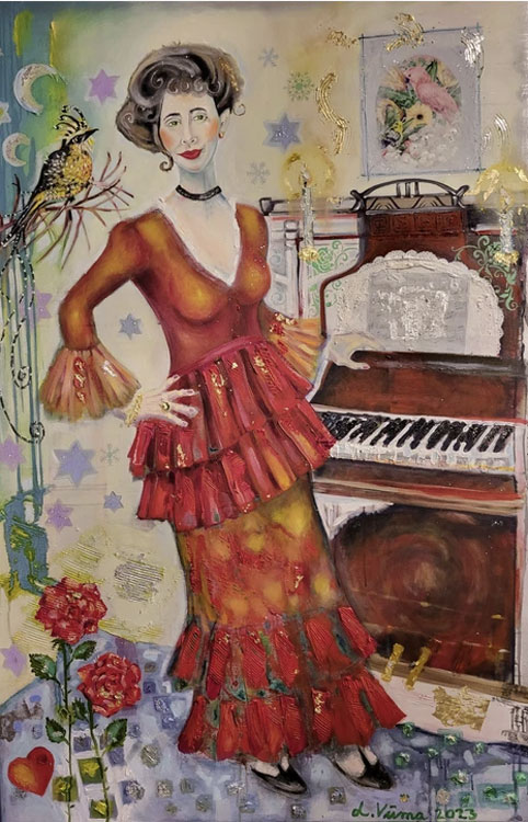 Liisa Viima, Annabel, mixed media (acrylic, modeling paste, oils, archival quality gold and silver metal powder and metal leaf) on canvas, 70.86” x 47.24” x 1.37”