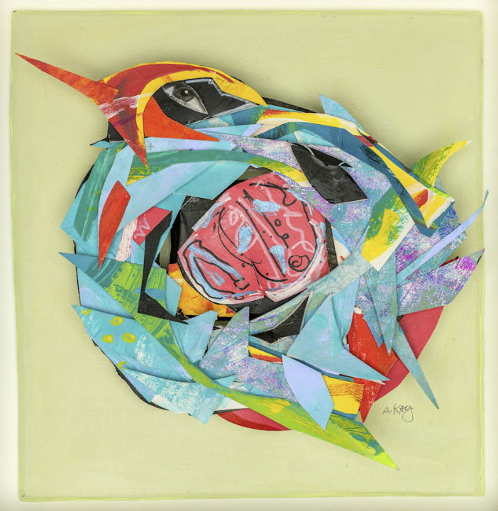 Super Bird, layered collage created with paper, paint and found objects, mounted on wood. 10 x 9