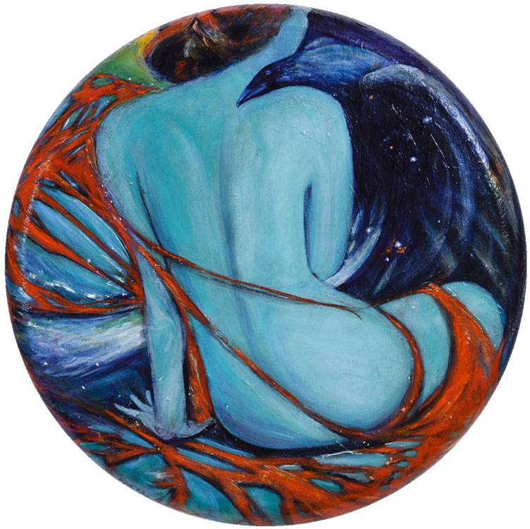 Along the Path of Souls, oil and metal leaf, 20" diameter by D Yael Kelley