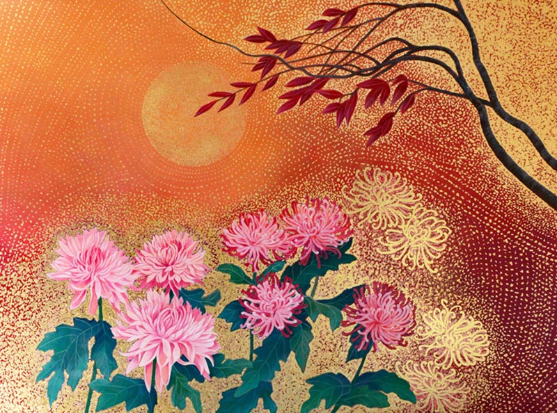 Chrysanthemum Garden, oil and metal leaf on canvas, 36″ x 48″