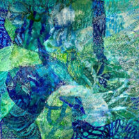 Into the Gleaming, painted fabric collage on cradle board, 12" x 12"
