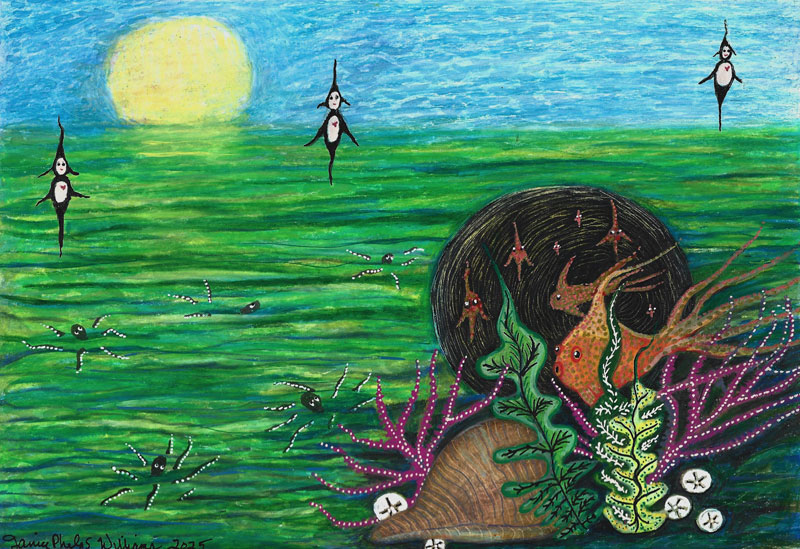 Green Sea Frolic (oil pastel, ink, 6.5"h x 9.5" created in 2025 by Janice Phelps Williams