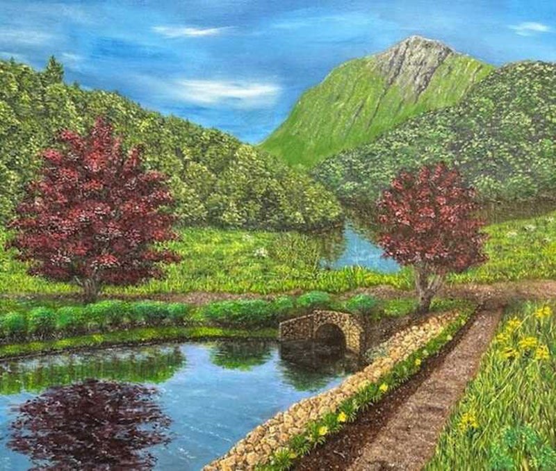 Mountain scene. oil on panel, 18" x 15.5"