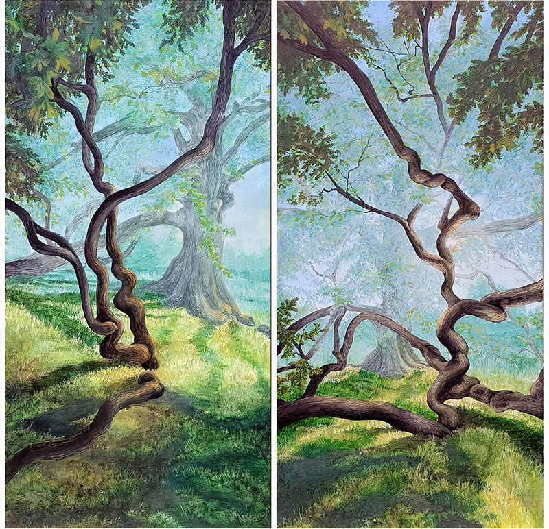 The Birthing Tree, oil on canvas, 48" x 24" x 1.5", size of each canvas in the diptych.