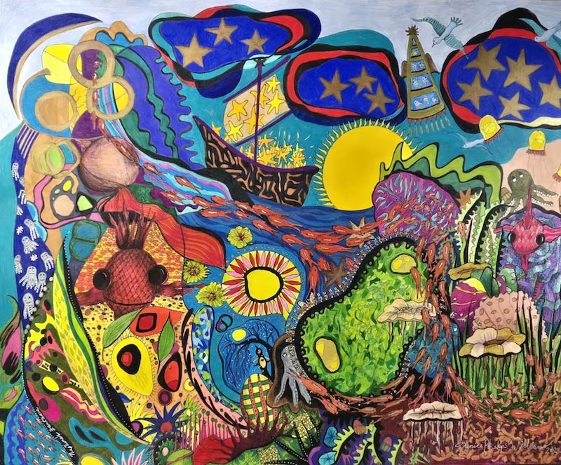 Neptune's Fantasia, ink, colored pencil, acrylic, metallics, 18" x 24"