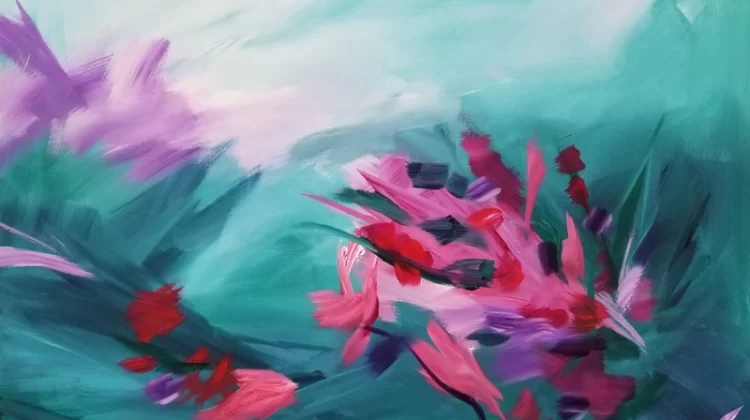Coral in the Turquoise Drifts, acrylic on canvas, 32" x 32"