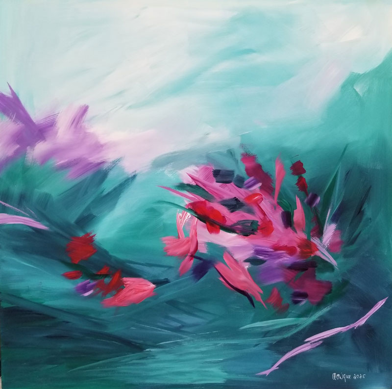 Coral in the Turquoise Drifts, acrylic on canvas, 32" x 32"