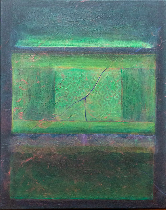 Viridan on Indigo, mixed media on washi paper mounted on canvas, 24” x 30”